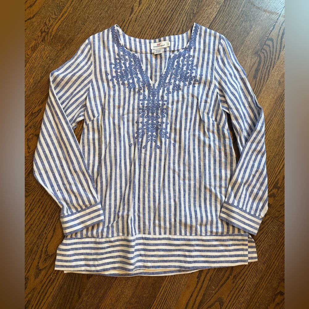 Women’s Vineyard Vines Blue White Linen Blend Floral Shirt Size Small